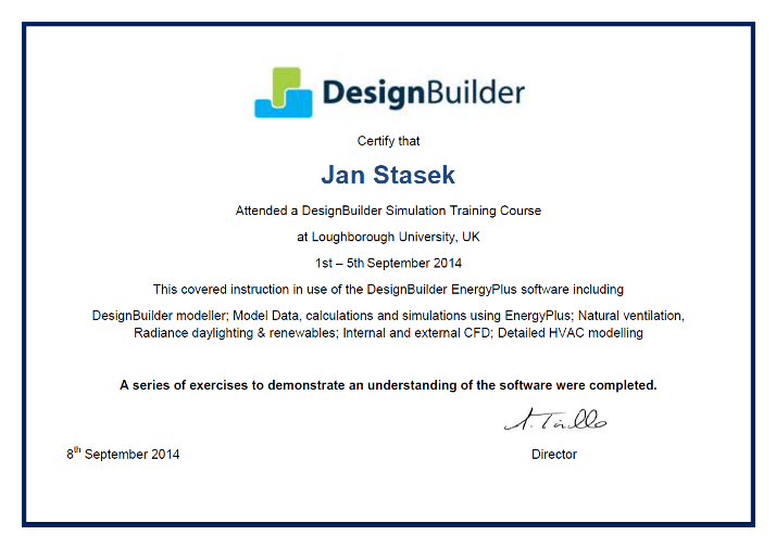 Cerifikát ze školení DesignBuilder